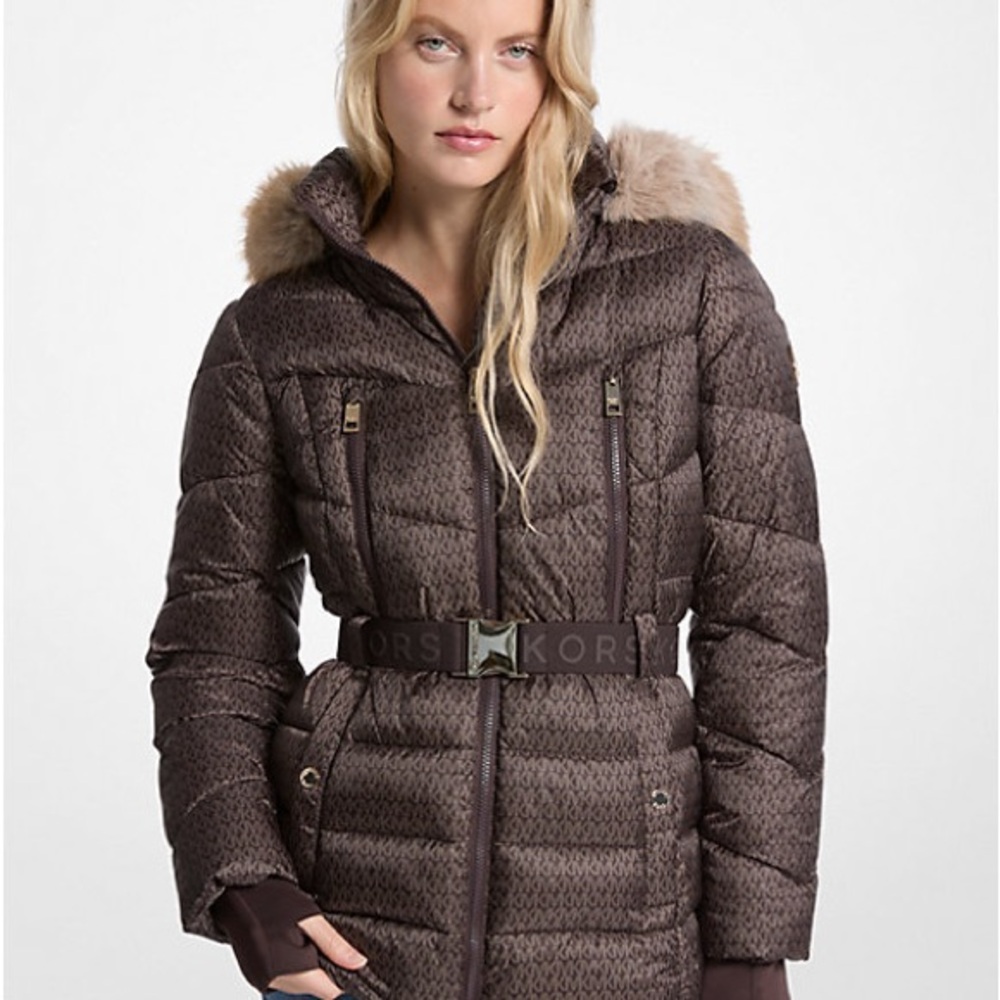 Michael Kors Dark Brown Puffer Jacket with removable fur zipper hood